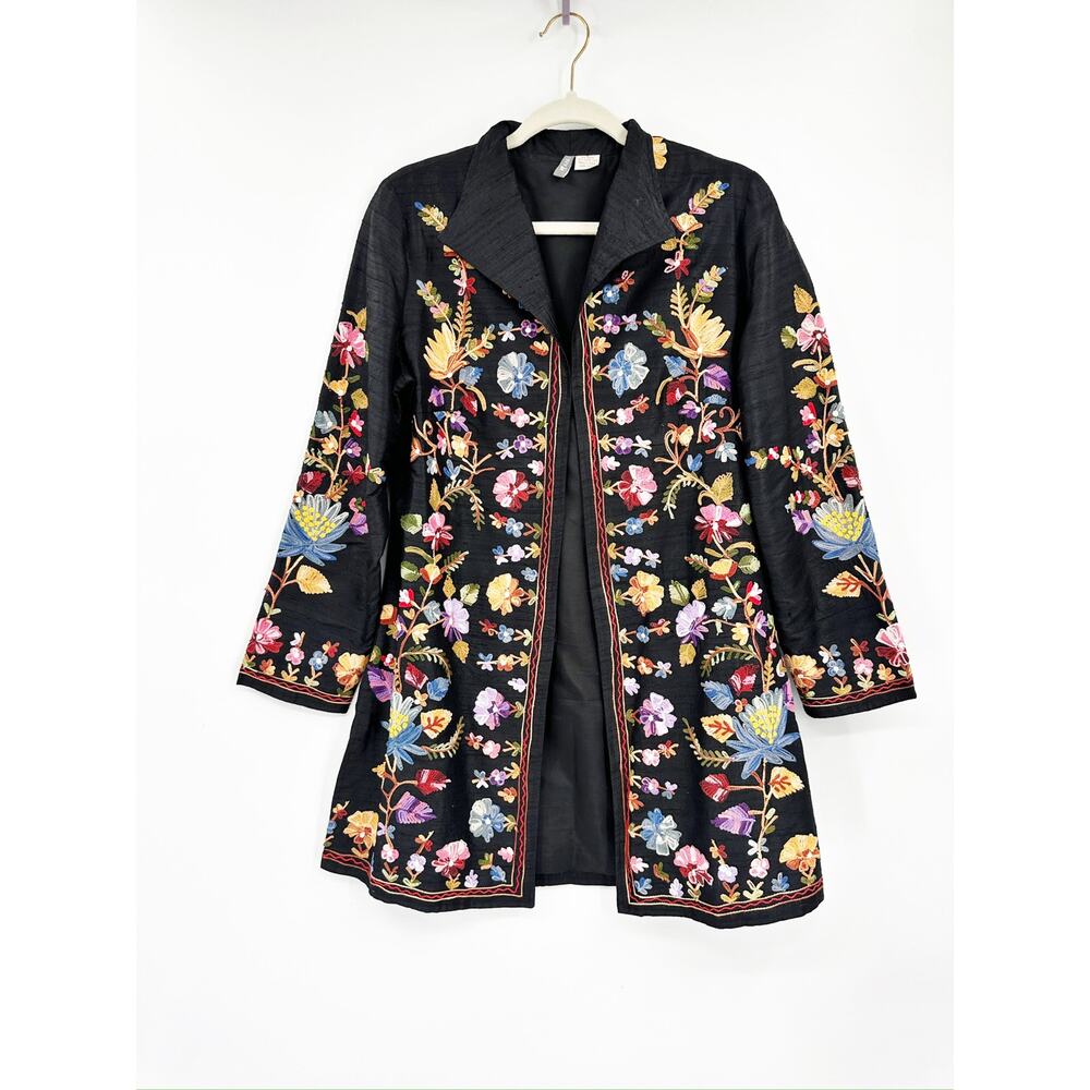 Anu Black 100% Silk‎ Multicolor Floral Embroidered Bohemian Jacket Size Small